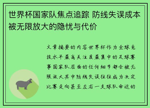 世界杯国家队焦点追踪 防线失误成本被无限放大的隐忧与代价